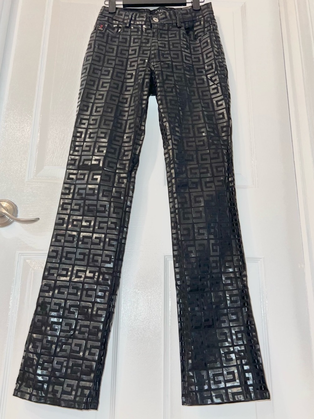 VINTAGE Y2K Couture Guess Jeans Glamour Black Glossy Geometric GG Logo Pants 24